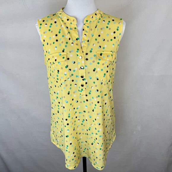 Ava & Grace Women Sz S Yellow Polka Dot Metal Button Henley Sleeveless - Picture 1 of 7